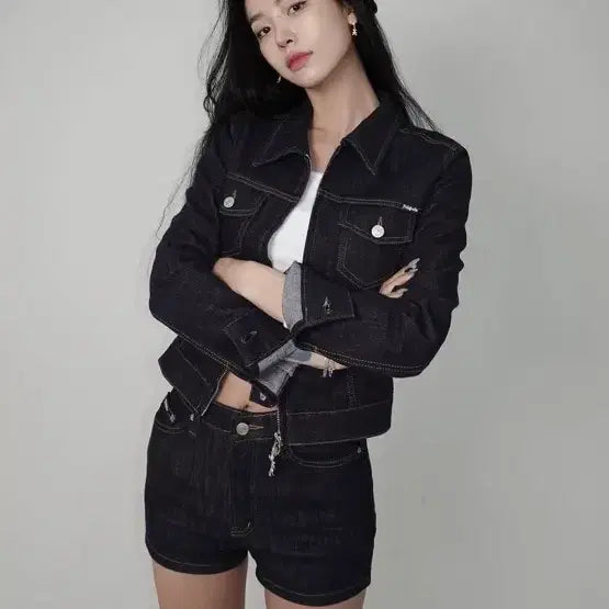 [BUNJANG] Palejade Non-Fade Denim Setup (Jacket + Shorts) / palejade 논페이드 데님 셋업 (자켓+반바지)