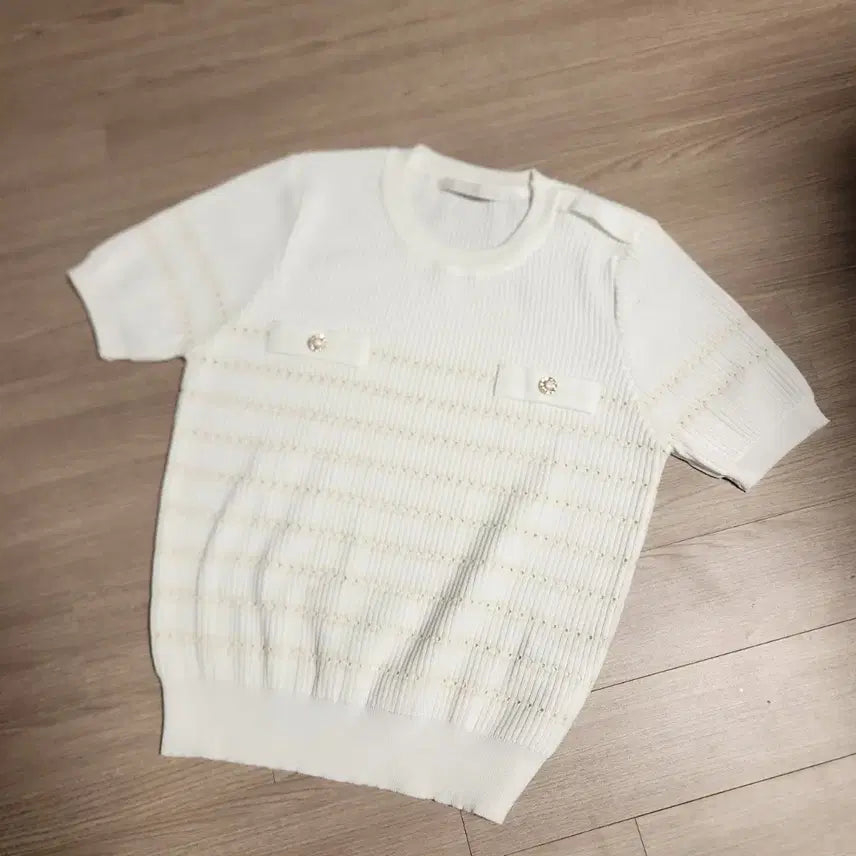[BUNJANG] Olive Des Olive Ribbed Knit Punching Short Sleeve T-shirt / 올리브데올리브 잔골지 펀칭  반팔 니트 티셔츠 90