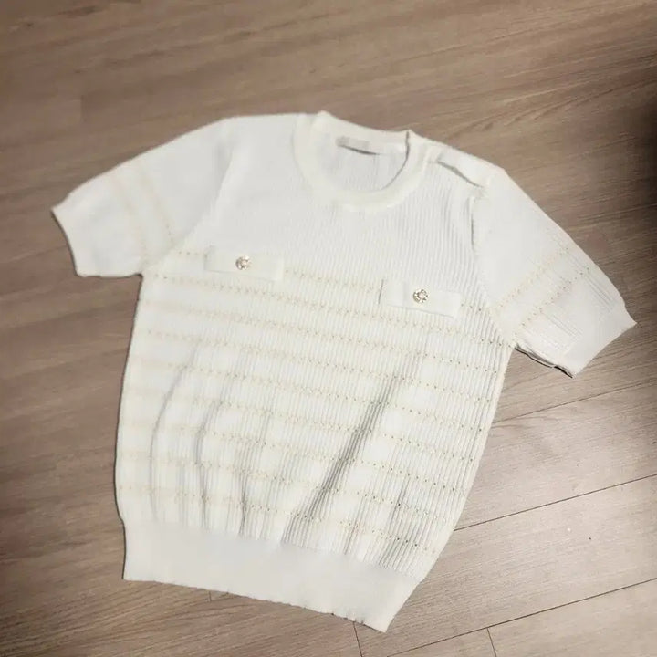 [BUNJANG] Olive Des Olive Ribbed Knit Punching Short Sleeve T-shirt / 올리브데올리브 잔골지 펀칭  반팔 니트 티셔츠 90