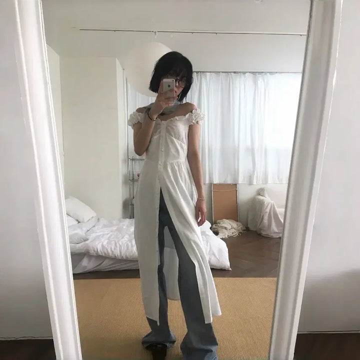 [SOLD OUT] 미뮤즈씨 도트 오프숄더 맥시 원피스