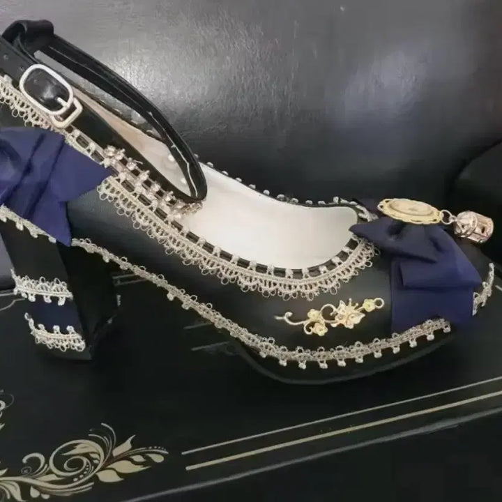 [BUNJANG] Handmade Black Ribbon Lace Mary Jane Heels Cosplay / [현물 새상품] 로리타 로판 블랙 리본 레이스 메리제인힐 코스프레