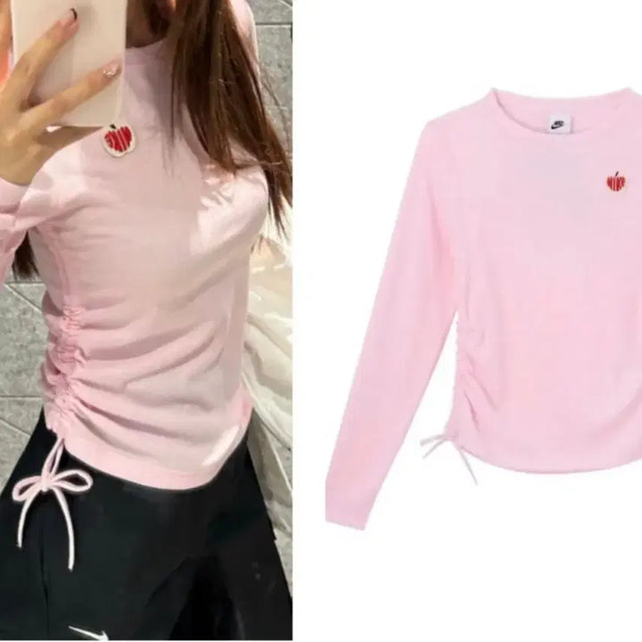 [BUNJANG] Nike Apple Embroidered Ribbed Shirring Long Sleeve Cropped T-Shirt / S 텍달린 새상품 나이키 애플 자수 패치 골지 셔링 긴팔 티셔츠 크롭티