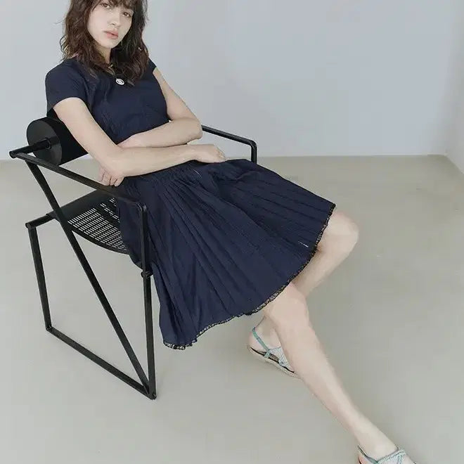[BUNJANG] DEW E L Navy Pleated Zip-Up Dress / 듀엘 / 네이비 플리츠 집업 원피스 55