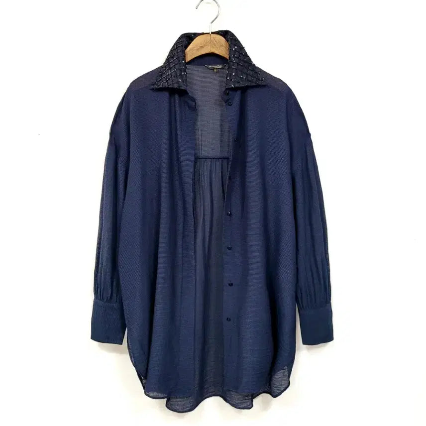 [BUNJANG] Massimo Dutti Sequin Collar Navy Long Blouse / 마시모두띠 스팽글 칼라 튜닉 네이비 롱 블라우스 Y939