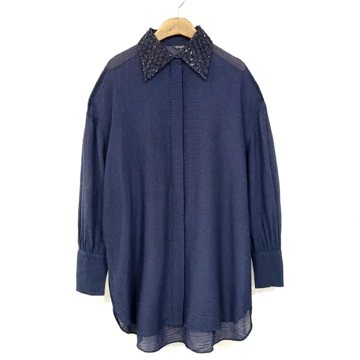 [BUNJANG] Massimo Dutti Sequin Collar Navy Long Blouse / 마시모두띠 스팽글 칼라 튜닉 네이비 롱 블라우스 Y939