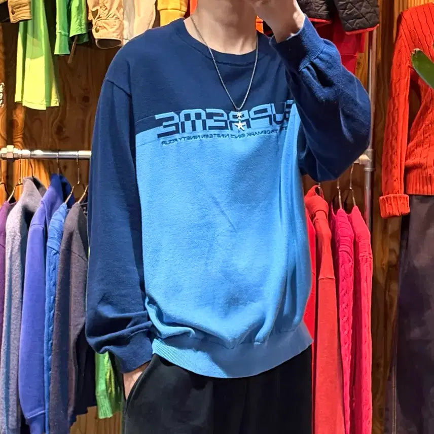 [BUNJANG] Supreme Spelling Logo Navy Knit Sweater / L SUPREME 슈프림 스펠링 로고 네이비 니트