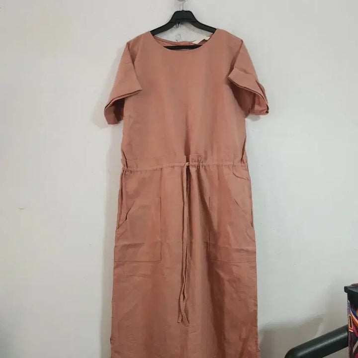 [BUNJANG] Linen Short Sleeve Long Dress Coral Pink / 린넨 반팔 롱 원피스 코랄 핑크