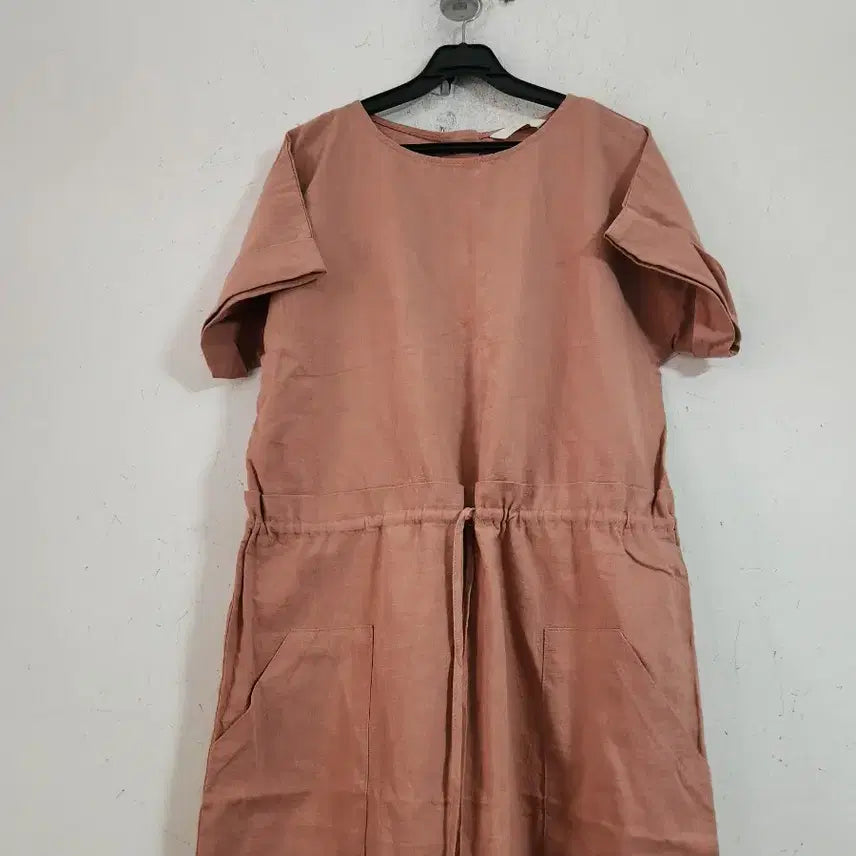 [BUNJANG] Linen Short Sleeve Long Dress Coral Pink / 린넨 반팔 롱 원피스 코랄 핑크