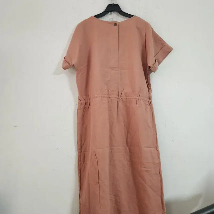 [BUNJANG] Linen Short Sleeve Long Dress Coral Pink / 린넨 반팔 롱 원피스 코랄 핑크