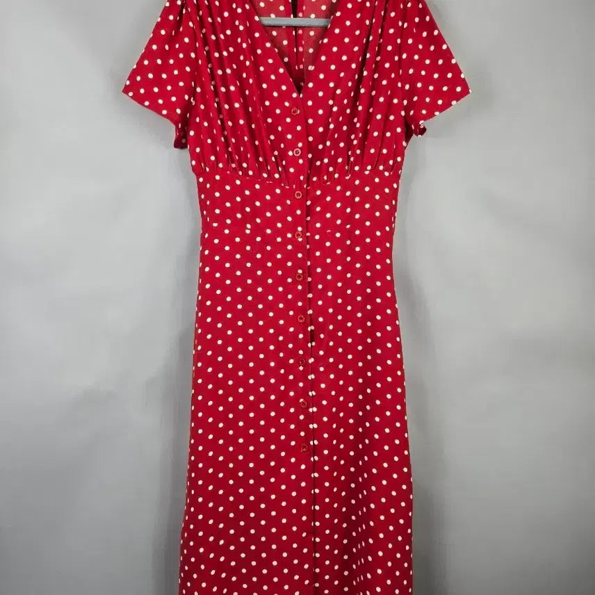 [SOLD OUT] [무료배송]여성 L 도트 밴딩 반팔 쉬폰 롱 원피스 레드 빨강