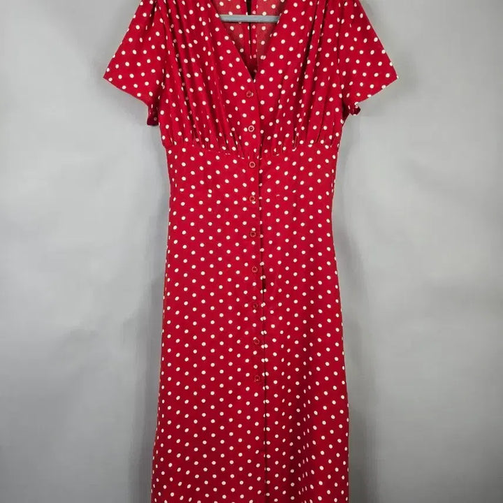[SOLD OUT] [무료배송]여성 L 도트 밴딩 반팔 쉬폰 롱 원피스 레드 빨강