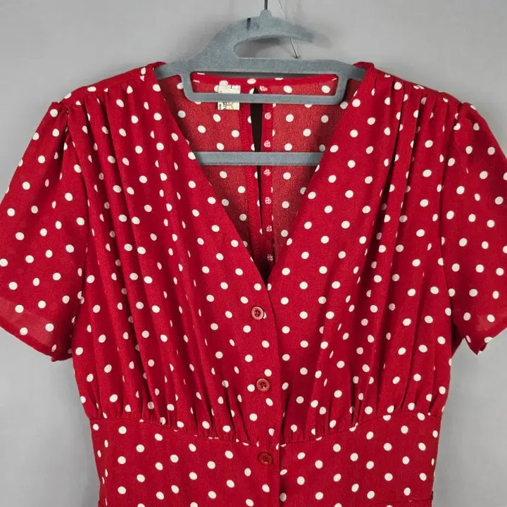 [SOLD OUT] [무료배송]여성 L 도트 밴딩 반팔 쉬폰 롱 원피스 레드 빨강