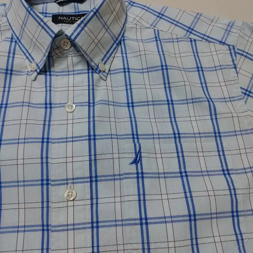 [BUNJANG] Nautica Blue Check Short Sleeve Shirt (Size M) / 노티카 블루 체크 반팔 셔츠 판매