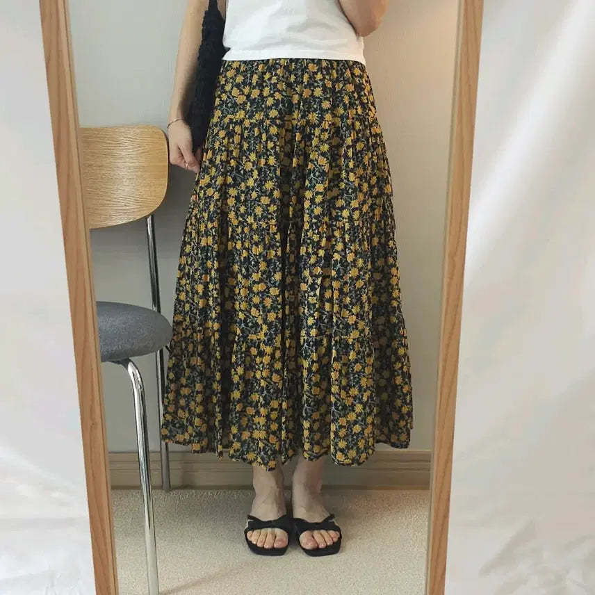 [BUNJANG] GU Floral Long Skirt - Cotton Vintage / (S)GU 여성 플라워 롱 스커트 코튼 빈티지 밴딩 W3089