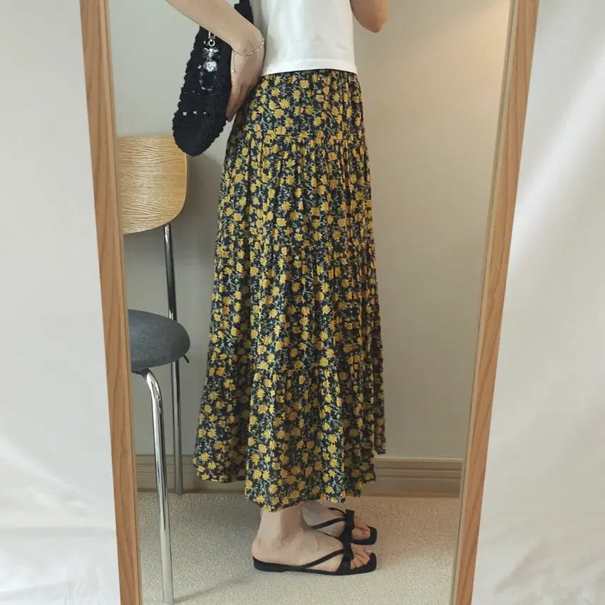 [BUNJANG] GU Floral Long Skirt - Cotton Vintage / (S)GU 여성 플라워 롱 스커트 코튼 빈티지 밴딩 W3089