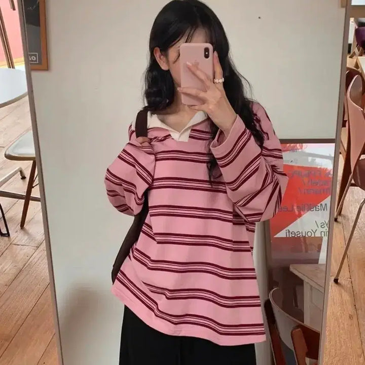 [BUNJANG] UnderB Pink Striped Collar Sweatshirt / 언더비 루즈핏 핑크 단가라 카라 맨투맨 티셔츠 슬로우앤드 미니포에 바온