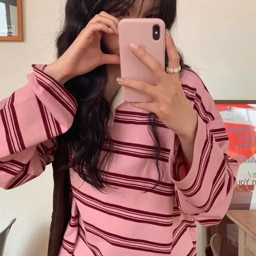 [BUNJANG] UnderB Pink Striped Collar Sweatshirt / 언더비 루즈핏 핑크 단가라 카라 맨투맨 티셔츠 슬로우앤드 미니포에 바온