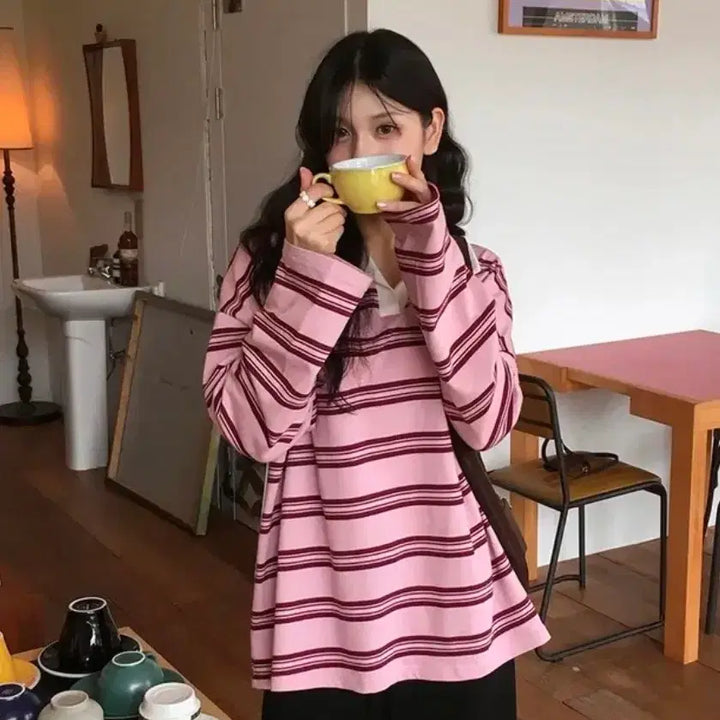 [BUNJANG] UnderB Pink Striped Collar Sweatshirt / 언더비 루즈핏 핑크 단가라 카라 맨투맨 티셔츠 슬로우앤드 미니포에 바온