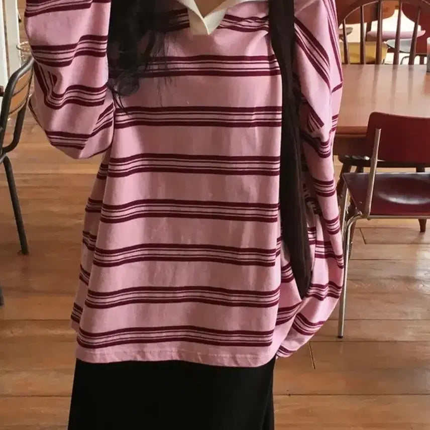 [BUNJANG] UnderB Pink Striped Collar Sweatshirt / 언더비 루즈핏 핑크 단가라 카라 맨투맨 티셔츠 슬로우앤드 미니포에 바온