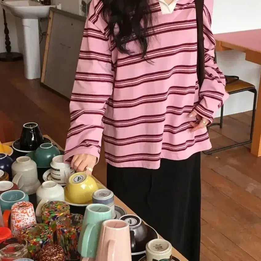 [BUNJANG] UnderB Pink Striped Collar Sweatshirt / 언더비 루즈핏 핑크 단가라 카라 맨투맨 티셔츠 슬로우앤드 미니포에 바온