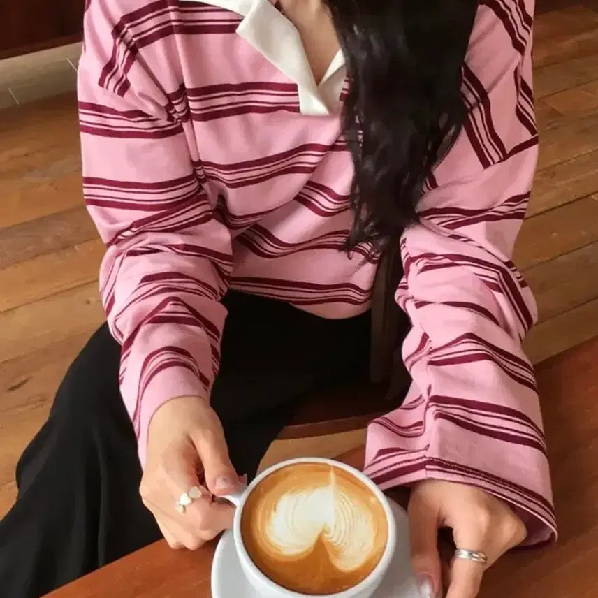 [BUNJANG] UnderB Pink Striped Collar Sweatshirt / 언더비 루즈핏 핑크 단가라 카라 맨투맨 티셔츠 슬로우앤드 미니포에 바온