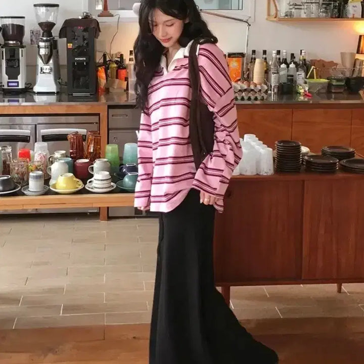 [BUNJANG] UnderB Pink Striped Collar Sweatshirt / 언더비 루즈핏 핑크 단가라 카라 맨투맨 티셔츠 슬로우앤드 미니포에 바온