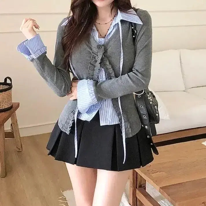 [BUNJANG] Gaenestra Layered Stripe Shirt &amp; Cardigan Set / 가내스라 스트라이프 셔츠 레이어드 가디건세트 페일제이드 리에뜨 퍼빗 하와