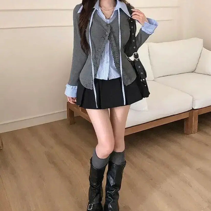 [BUNJANG] Gaenestra Layered Stripe Shirt &amp; Cardigan Set / 가내스라 스트라이프 셔츠 레이어드 가디건세트 페일제이드 리에뜨 퍼빗 하와
