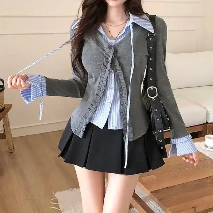 [BUNJANG] Gaenestra Layered Stripe Shirt &amp; Cardigan Set / 가내스라 스트라이프 셔츠 레이어드 가디건세트 페일제이드 리에뜨 퍼빗 하와