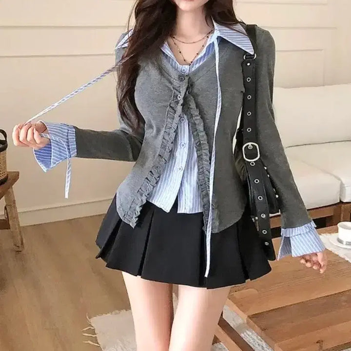 [BUNJANG] Gaenestra Layered Stripe Shirt &amp; Cardigan Set / 가내스라 스트라이프 셔츠 레이어드 가디건세트 페일제이드 리에뜨 퍼빗 하와
