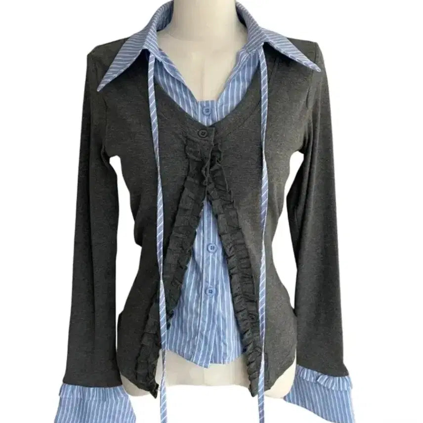 [BUNJANG] Gaenestra Layered Stripe Shirt &amp; Cardigan Set / 가내스라 스트라이프 셔츠 레이어드 가디건세트 페일제이드 리에뜨 퍼빗 하와
