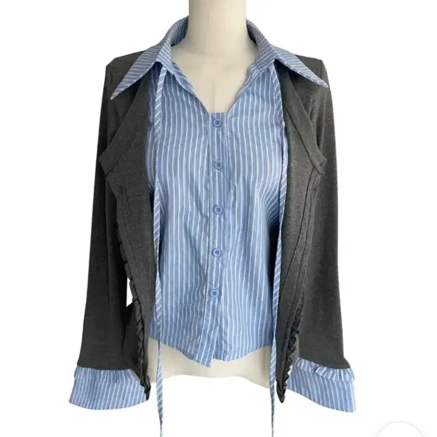 [BUNJANG] Gaenestra Layered Stripe Shirt &amp; Cardigan Set / 가내스라 스트라이프 셔츠 레이어드 가디건세트 페일제이드 리에뜨 퍼빗 하와