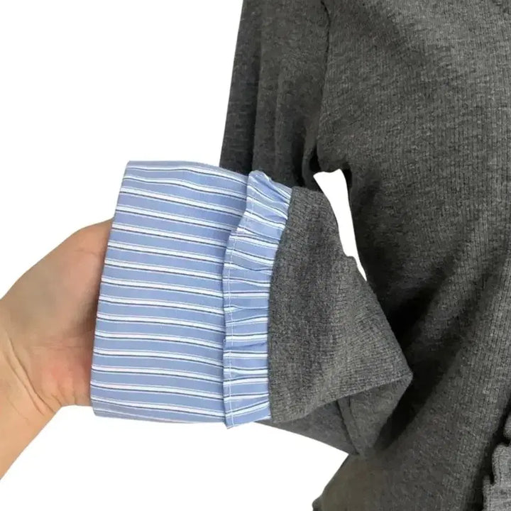 [BUNJANG] Gaenestra Layered Stripe Shirt &amp; Cardigan Set / 가내스라 스트라이프 셔츠 레이어드 가디건세트 페일제이드 리에뜨 퍼빗 하와