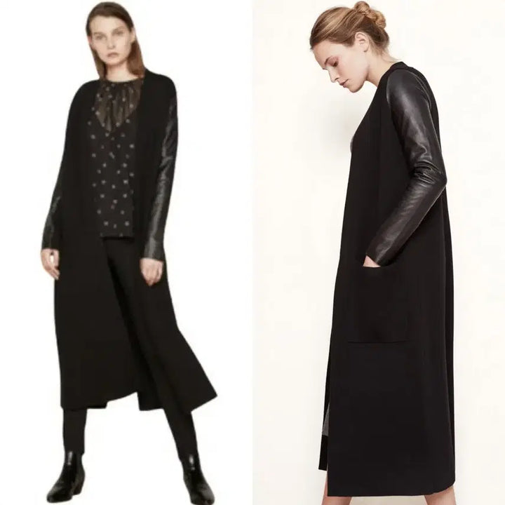 [BUNJANG] MAJE Lambskin Sleeve Open Front Long Coat / MAJE 마쥬 램스킨소매 오픈프론트 슬림 스트레이트핏 롱 코트