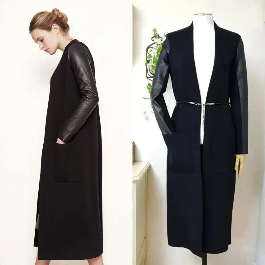[BUNJANG] MAJE Lambskin Sleeve Open Front Long Coat / MAJE 마쥬 램스킨소매 오픈프론트 슬림 스트레이트핏 롱 코트