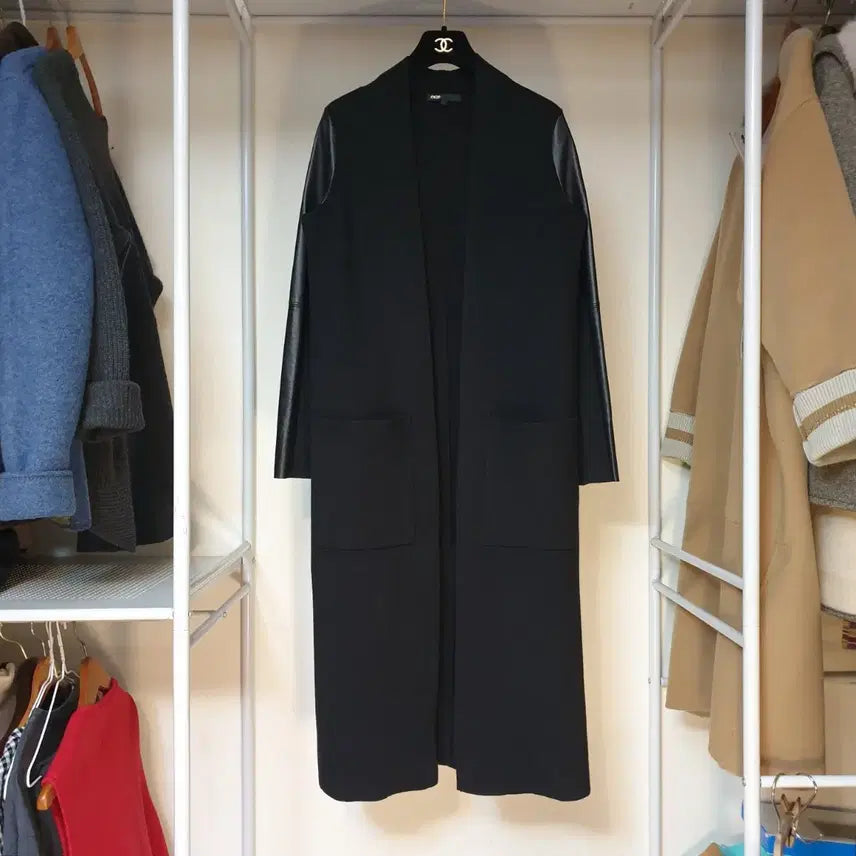[BUNJANG] MAJE Lambskin Sleeve Open Front Long Coat / MAJE 마쥬 램스킨소매 오픈프론트 슬림 스트레이트핏 롱 코트