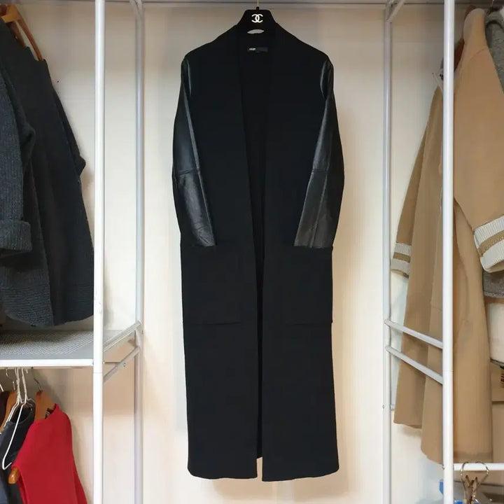 [BUNJANG] MAJE Lambskin Sleeve Open Front Long Coat / MAJE 마쥬 램스킨소매 오픈프론트 슬림 스트레이트핏 롱 코트