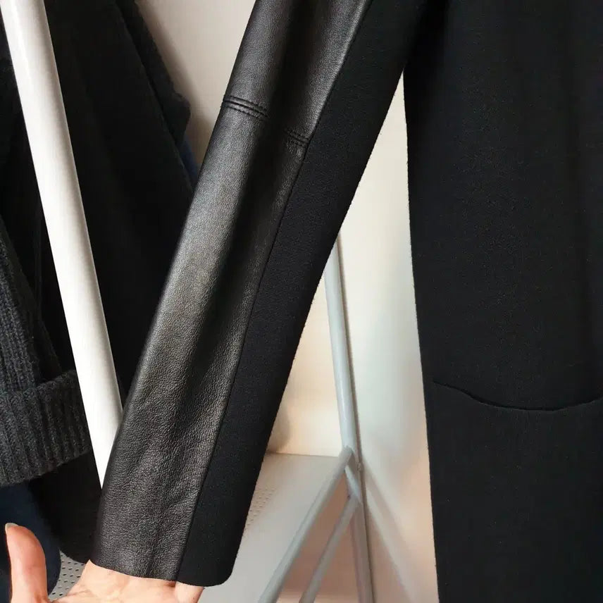 [BUNJANG] MAJE Lambskin Sleeve Open Front Long Coat / MAJE 마쥬 램스킨소매 오픈프론트 슬림 스트레이트핏 롱 코트