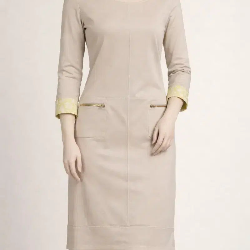 [BUNJANG] Beige Three-Quarter Sleeve Pocket Midi Dress / 베이지색 칠부 소매 포켓 원피스 66가단48