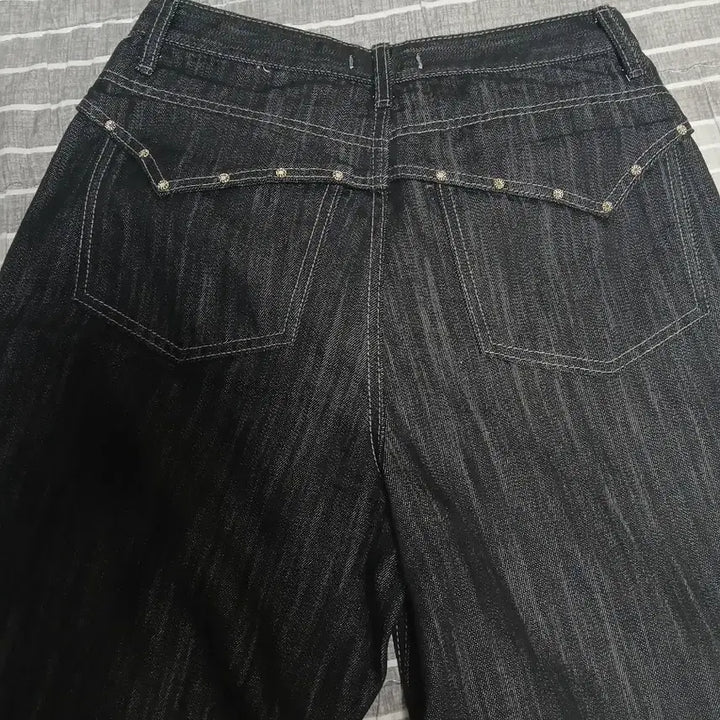 [BUNJANG] Black Washed Denim Pants with Stone Embellishment (Unisex) / 블랙 워싱 데님 스톤 장식 바지 (남녀공용