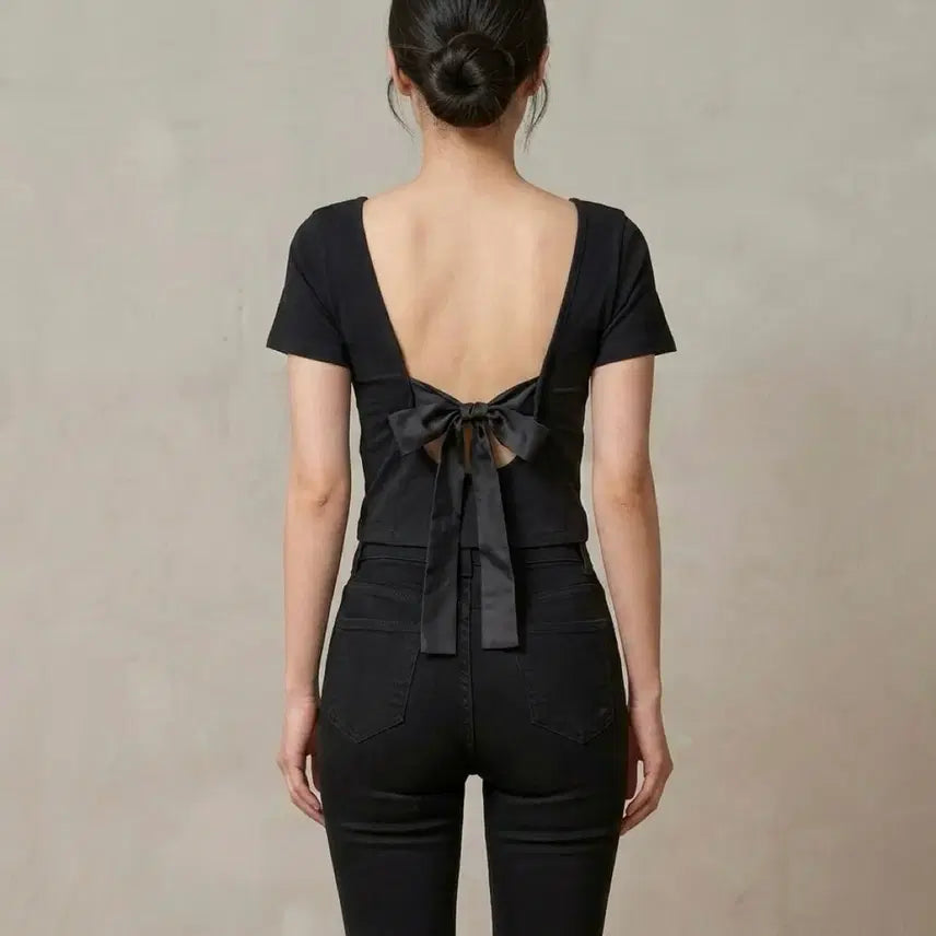 [BUNJANG] Back Ribbon Slit T-Shirt / 백리본 트임 티셔츠