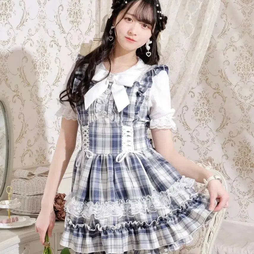 [BUNJANG] Noemi Heart Bijou Lace-up Setup Blue / 노에미 하트 비쥬 레이스업 셋업 블루 미즈이로 양산형 양지뢰 서브컬쳐
