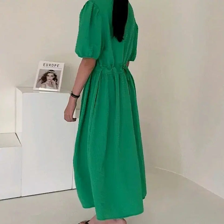 [SOLD OUT] 그린 퍼프 엠보 반팔 롱 원피스