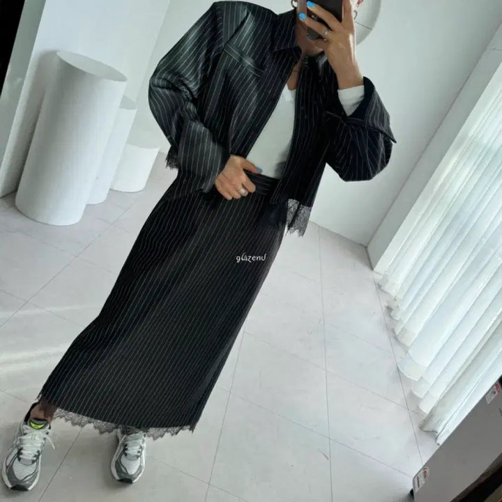 [BUNJANG] Glancient Timothy Lace Crop Shirt Long Skirt Set - Black / 티모시 레이스 크롭셔츠 롱스커트 세트 블랙