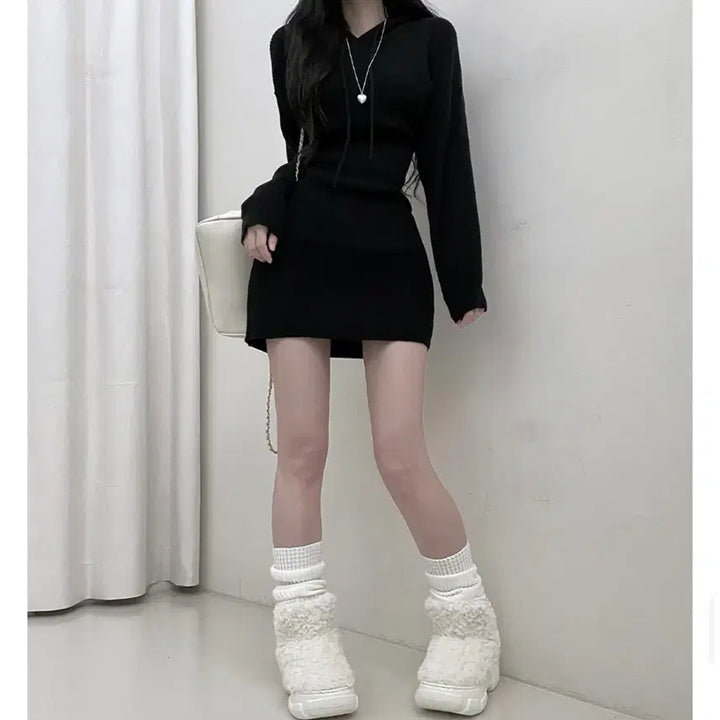 [BUNJANG] Ablley Bodycon Hooded Knit Dress / 에이블리 딱붙핏 후드 니트 원피스