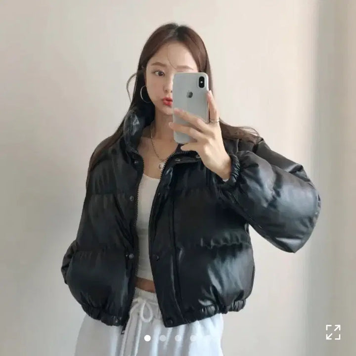 [BUNJANG] Black Leather Cropped Short Padded Jacket / 블랙 레더 크롭 숏패딩 블랙패딩