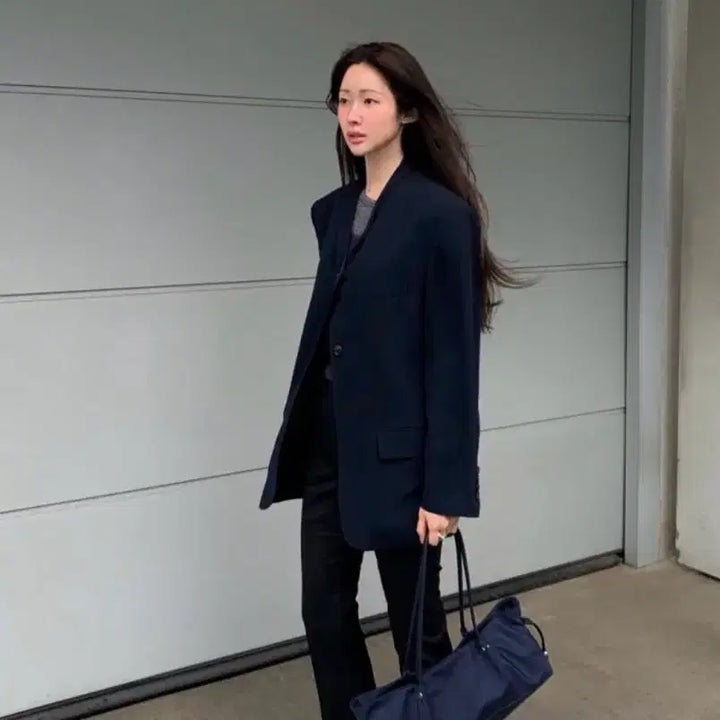 [BUNJANG] RECTO Collar Detail Fluid Suit Jacket (Dark Navy) / COLLAR DETAIL FLUID SUIT JACKET 렉토