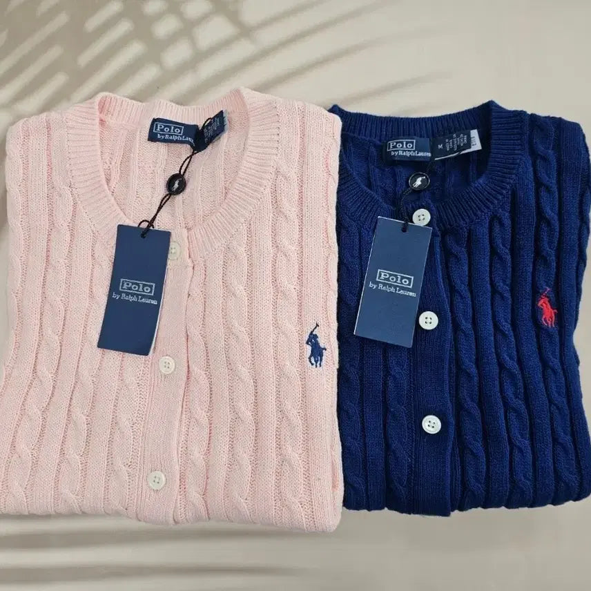 [BUNJANG] Polo Ralph Lauren Cable Knit Cardigan / 폴로 랄프로렌 케이블 니트 가디건 핑크/네이비