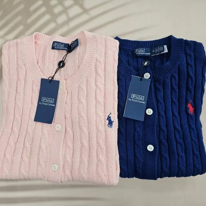 [BUNJANG] Polo Ralph Lauren Cable Knit Cardigan / 폴로 랄프로렌 케이블 니트 가디건 핑크/네이비