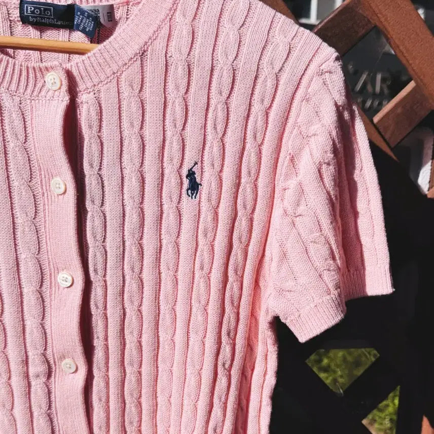 [BUNJANG] Polo Ralph Lauren Cable Knit Cardigan / 폴로 랄프로렌 케이블 니트 가디건 핑크/네이비